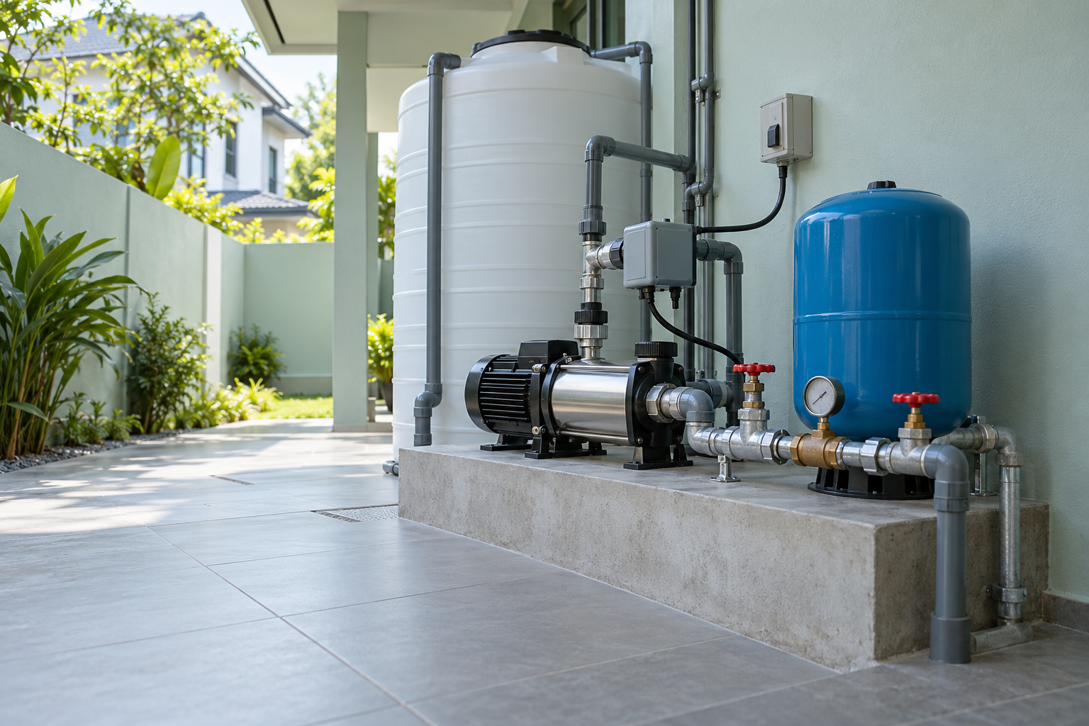 Sistem water pump lengkap dengan pam booster, tangki tekanan biru dan injap di atas tapak konkrit sebelah rumah berkembar