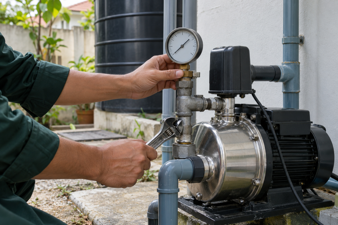 Juruteknik memeriksa tolok tekanan pada paip water pump di halaman servis rumah