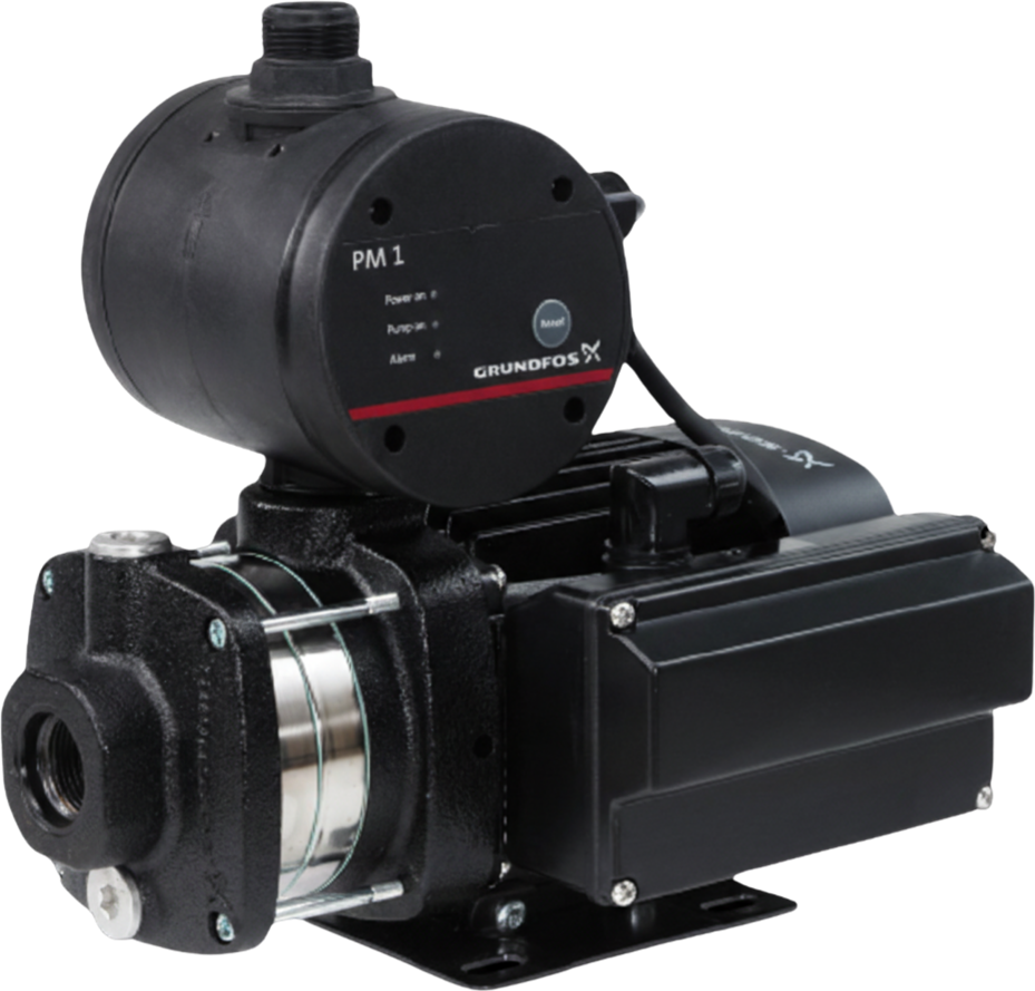 Water pump booster Grundfos dengan pengawal tekanan — foto rujukan unit